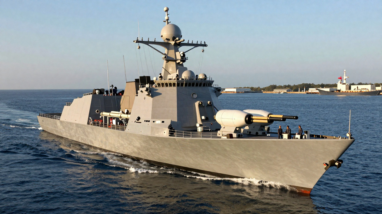 Fragata moderna cinzenta a navegar em mar calmo com cinco pessoas no convés e outro navio ao fundo.