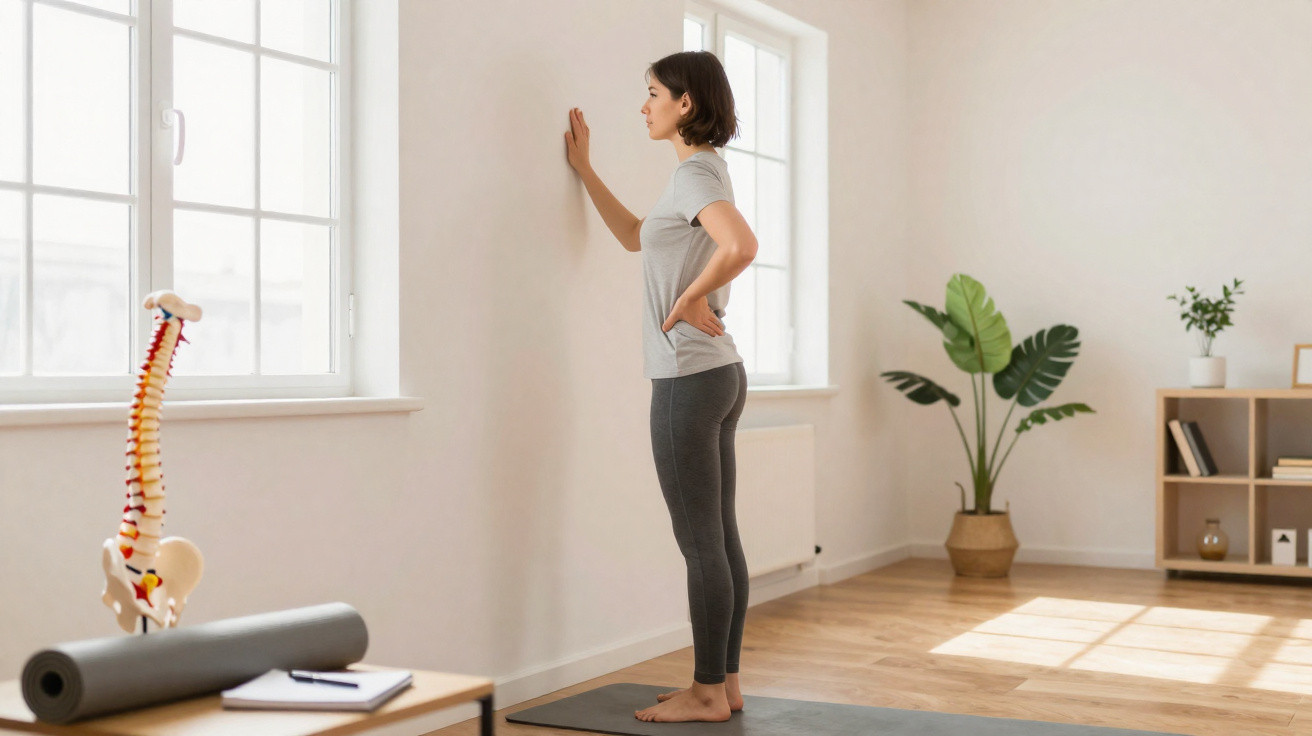Mulher em roupa desportiva faz exercícios de alongamento para costas junto a uma parede, num quarto iluminado.
