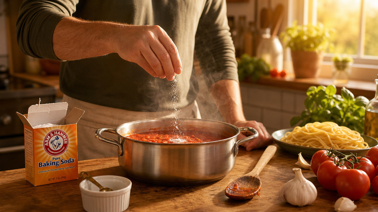 Pessoa salpicando bicarbonato de sódio num tacho com molho de tomate numa cozinha iluminada.