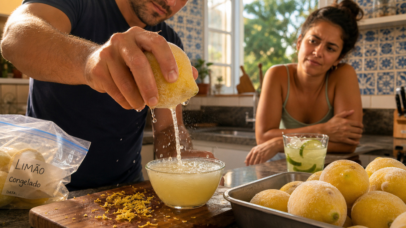 Homem a espremer limão sobre taça enquanto mulher observa numa cozinha iluminada.