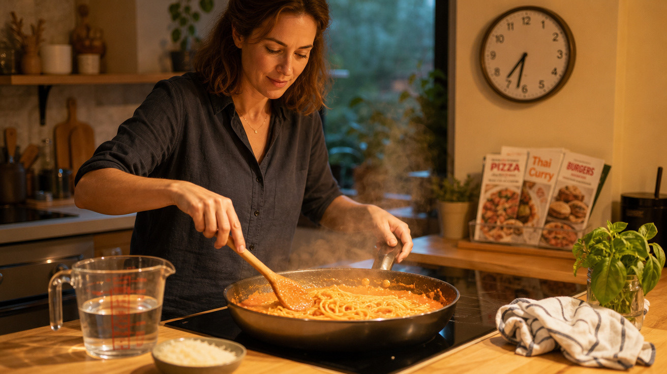 Mulher a cozinhar esparguete com molho numa frigideira numa cozinha acolhedora e bem iluminada.
