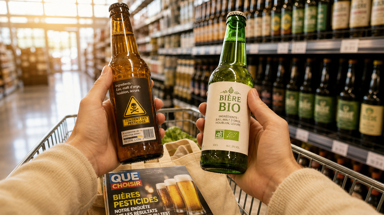 Pessoa a comparar duas garrafas de cerveja, uma com pesticidas e outra biológica, num supermercado.