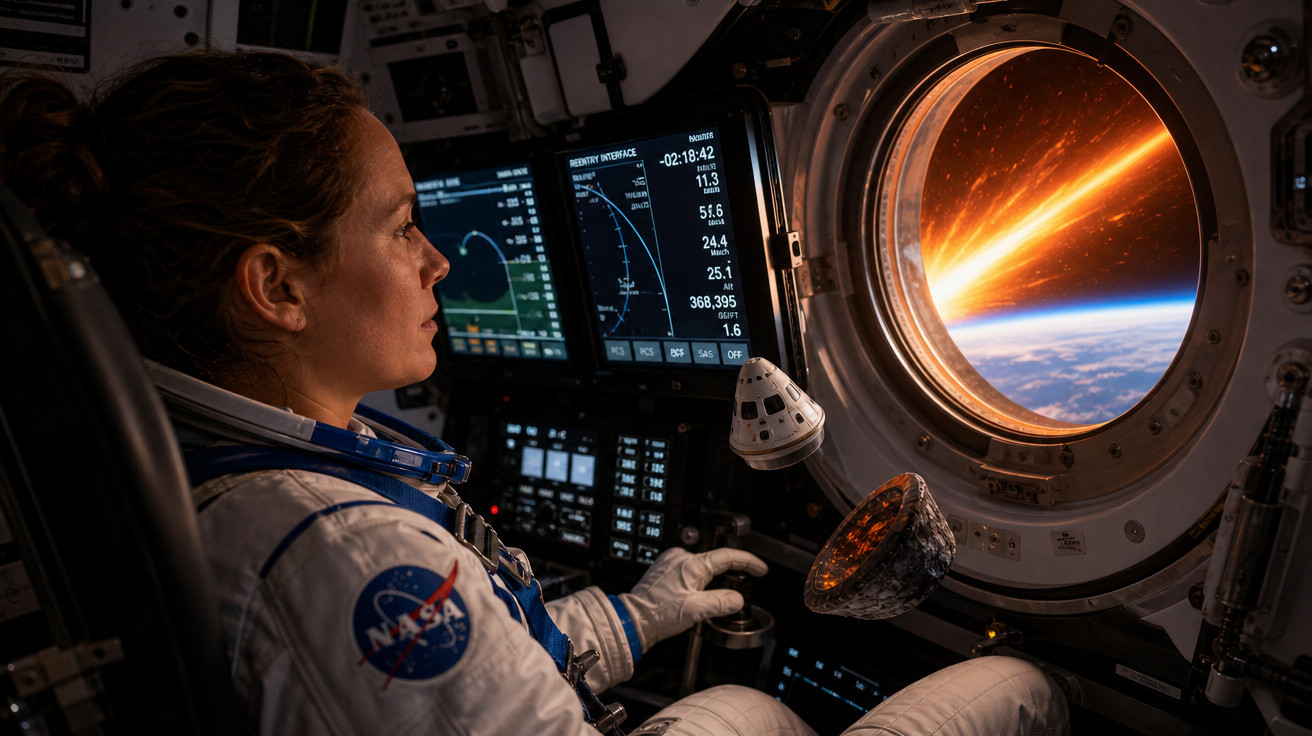 Astronauta da NASA dentro de cápsula espacial observando entrada de meteoro na atmosfera pela janela.