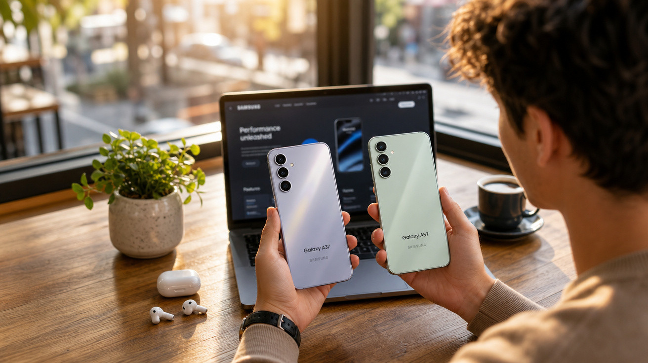 Pessoa segurando dois telemóveis Samsung Galaxy A37 e A57 junto a computador portátil numa mesa com earphones e chávena.