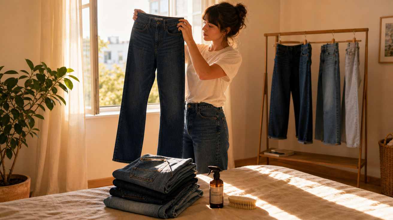 Mulher segura calças de ganga num quarto com várias calças penduradas e pilha de jeans sobre a cama.