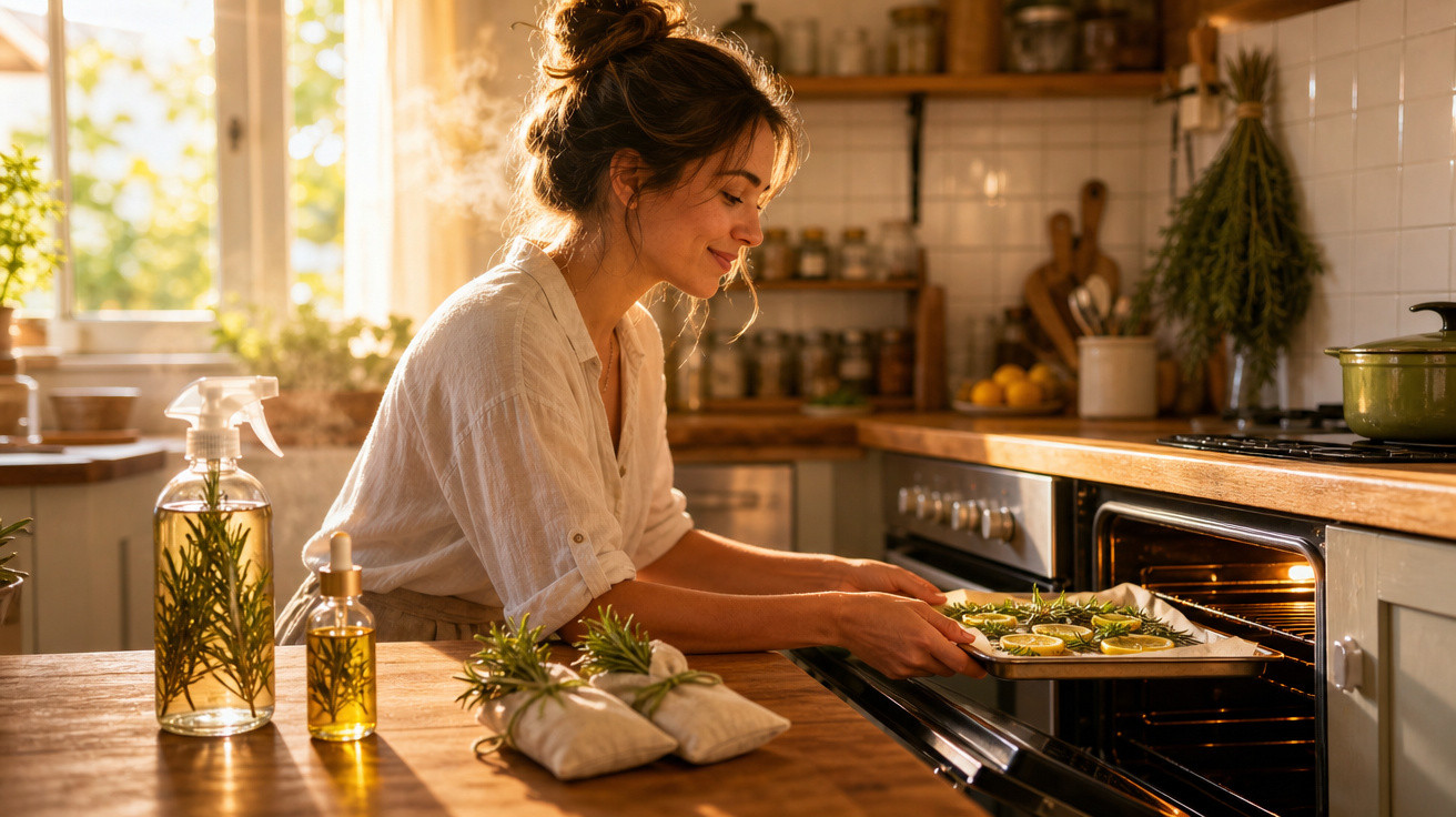 Mulher a colocar tabuleiro com legumes no forno numa cozinha luminosa e acolhedora.