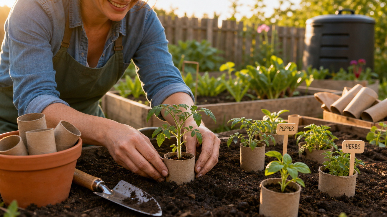 Pessoa a plantar muda de tomateiro em vaso biodegradável num jardim com canteiros e plantas marcadas.