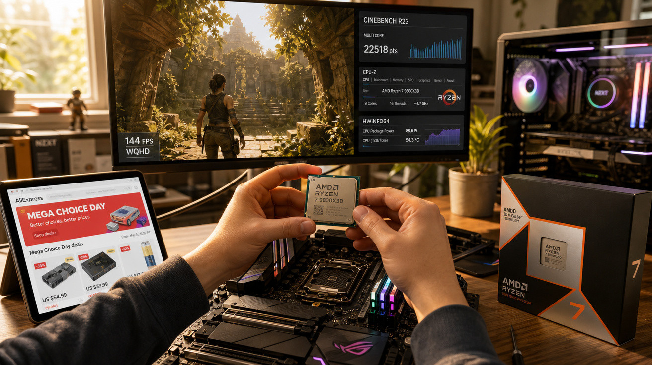Mão segura processador AMD Ryzen 7 7800X3D junto a monitor com jogo e resultados de benchmark.