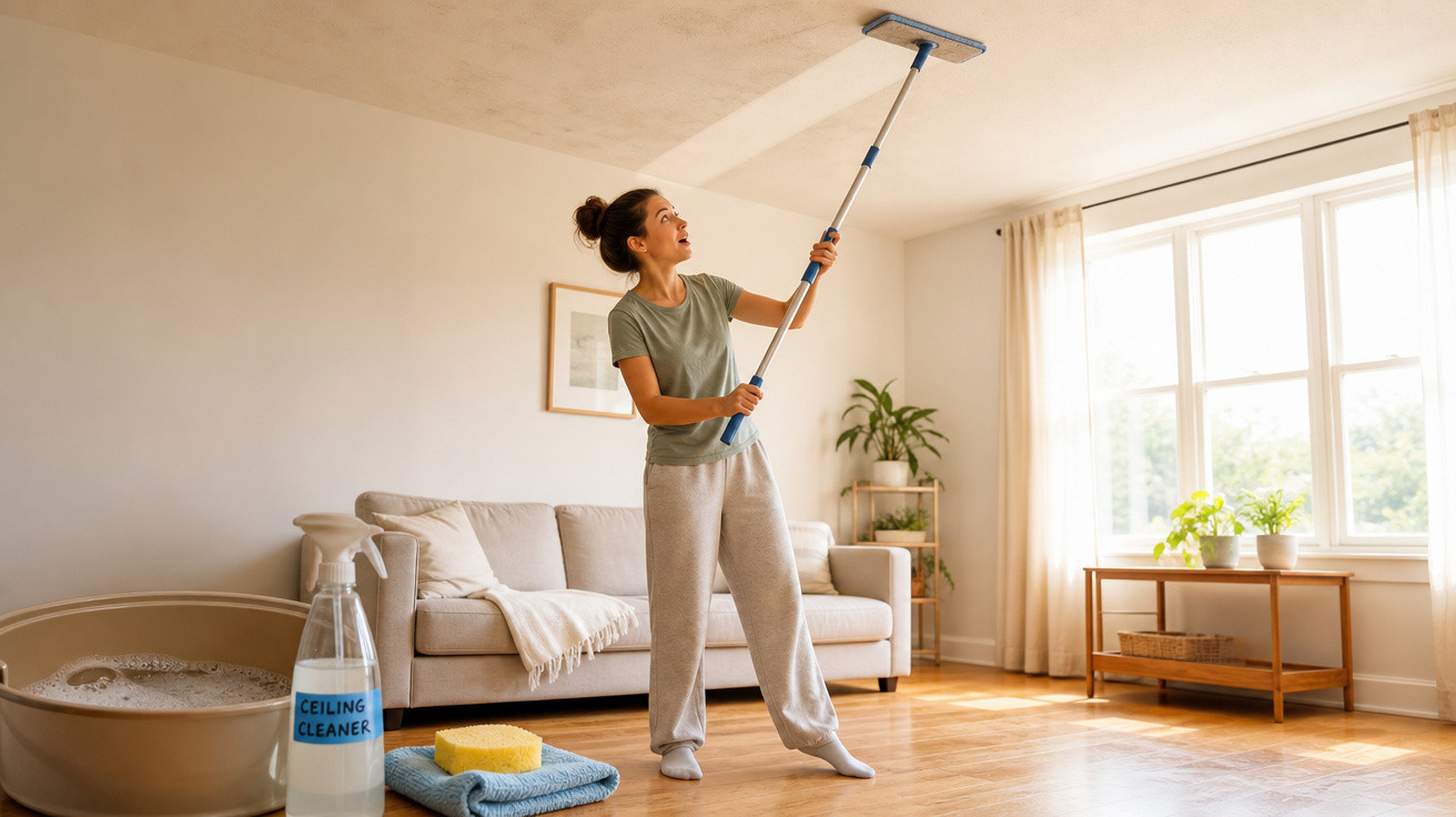 Mulher a limpar o teto de uma sala iluminada com ferramenta de limpeza e produtos no chão.