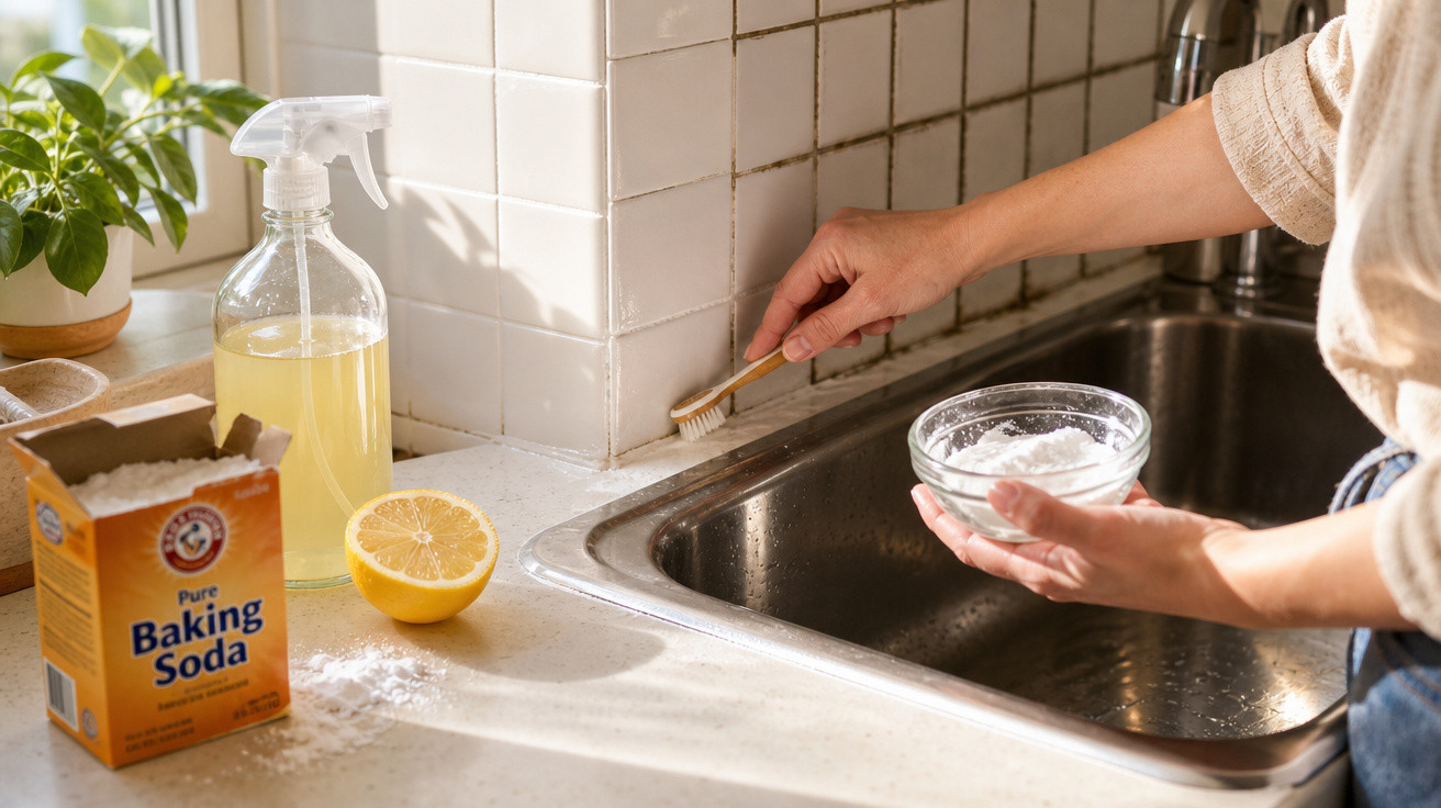 Pessoa a limpar azulejos da cozinha junto ao lava-loiça com escova, bicarbonato de sódio, limão e spray caseiro.