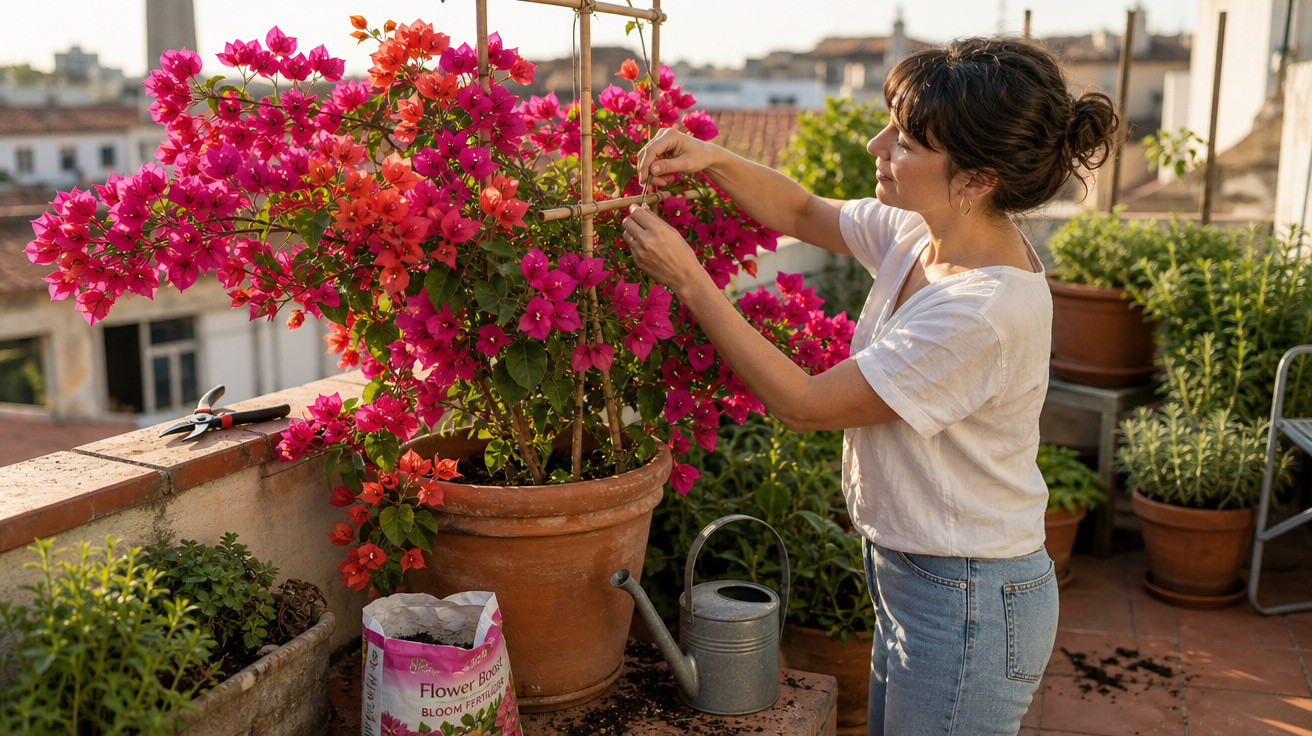 Mulher a cuidar de flores cor-de-rosa num vaso grande numa varanda ao entardecer.