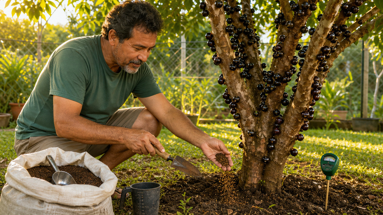 Homem a fertilizar a base de uma árvore de jabuticaba num jardim ao entardecer.