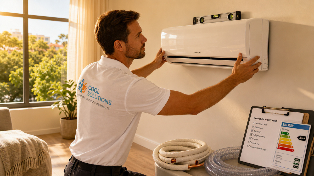 Técnico a instalar um aparelho de ar condicionado numa sala com janela grande e plantas.