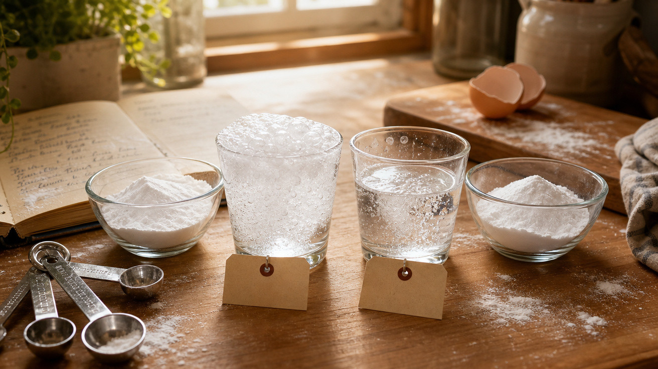 Ingredientes para cozedura em frascos de vidro com etiquetas e colheres medidoras numa mesa de madeira.