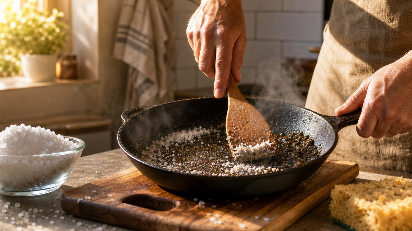 Pessoa mexe sal grosso numa frigideira quente numa cozinha com luz natural.