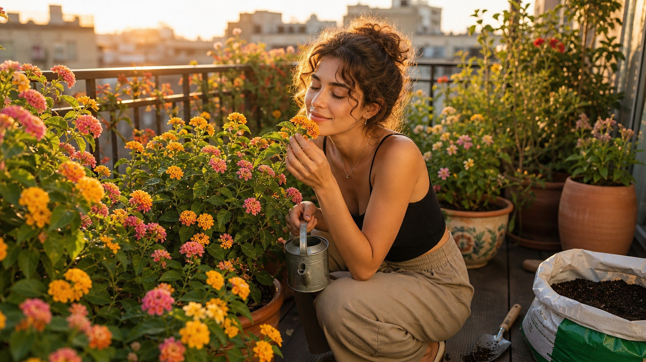 Mulher jovem a cheirar flores laranja numa varanda com várias plantas ao pôr do sol.