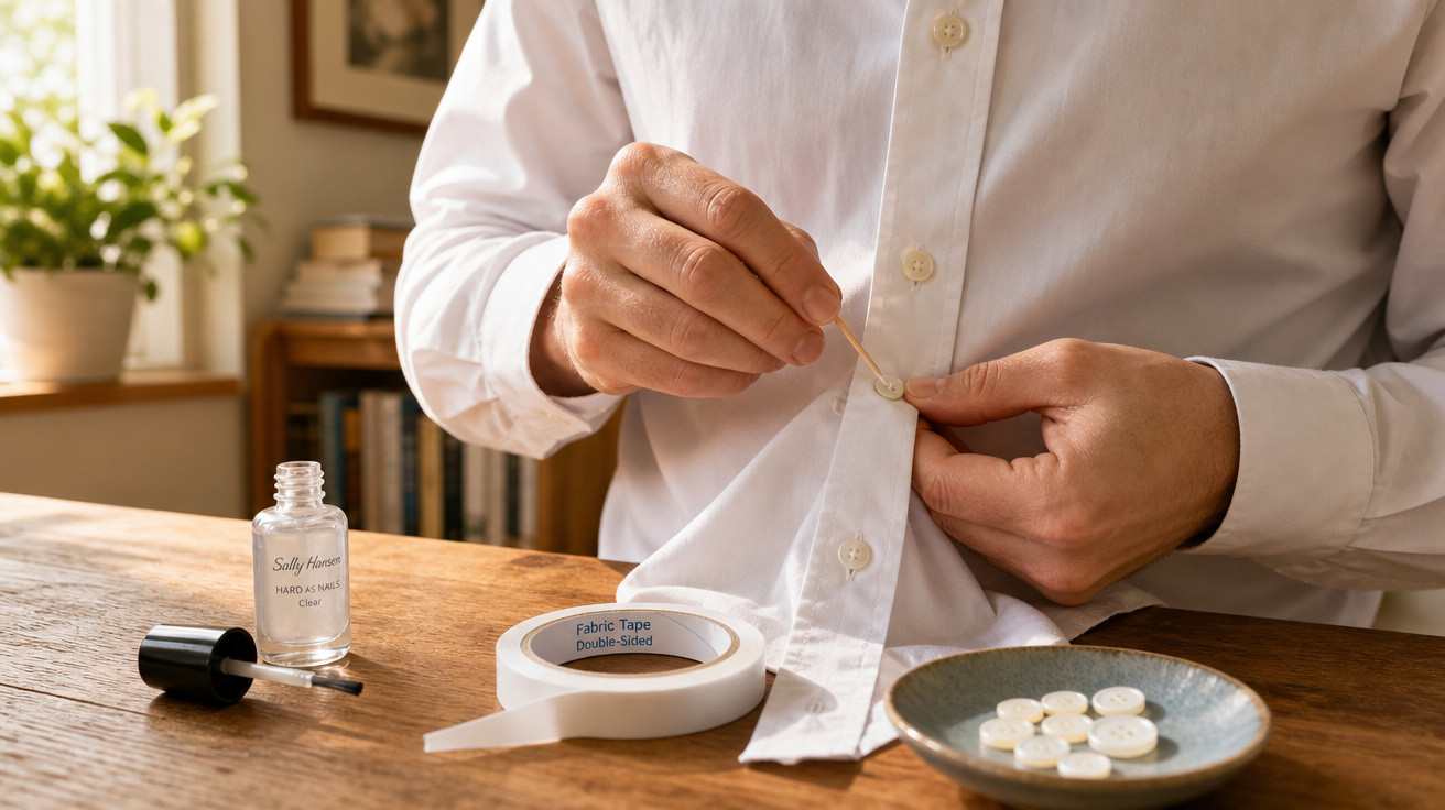 Pessoa a colar botão solto numa camisa branca usando cola e fita dupla face, com botões numa tigela.