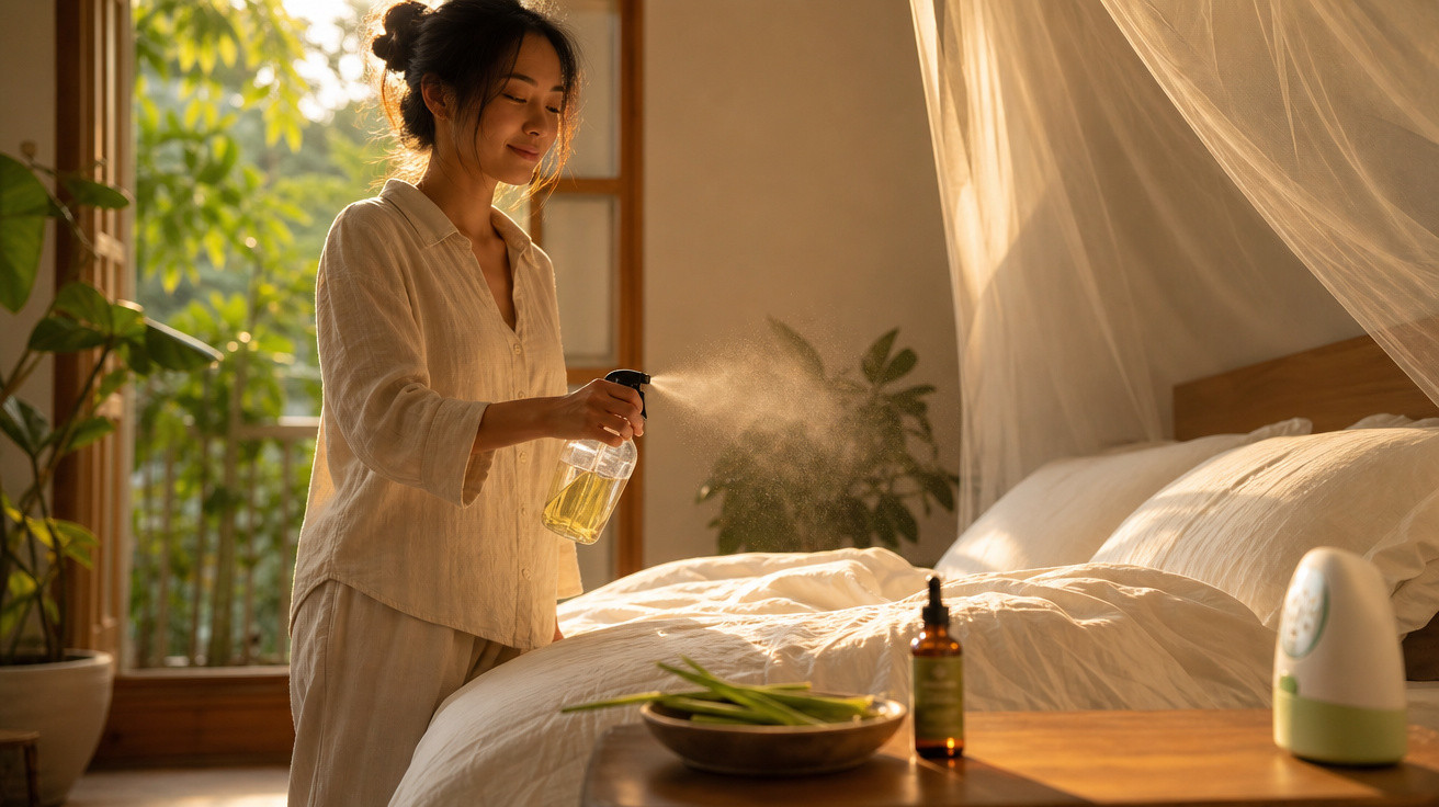 Mulher a borrifar fragrância num quarto com luz natural e decoração com plantas e cama branca.