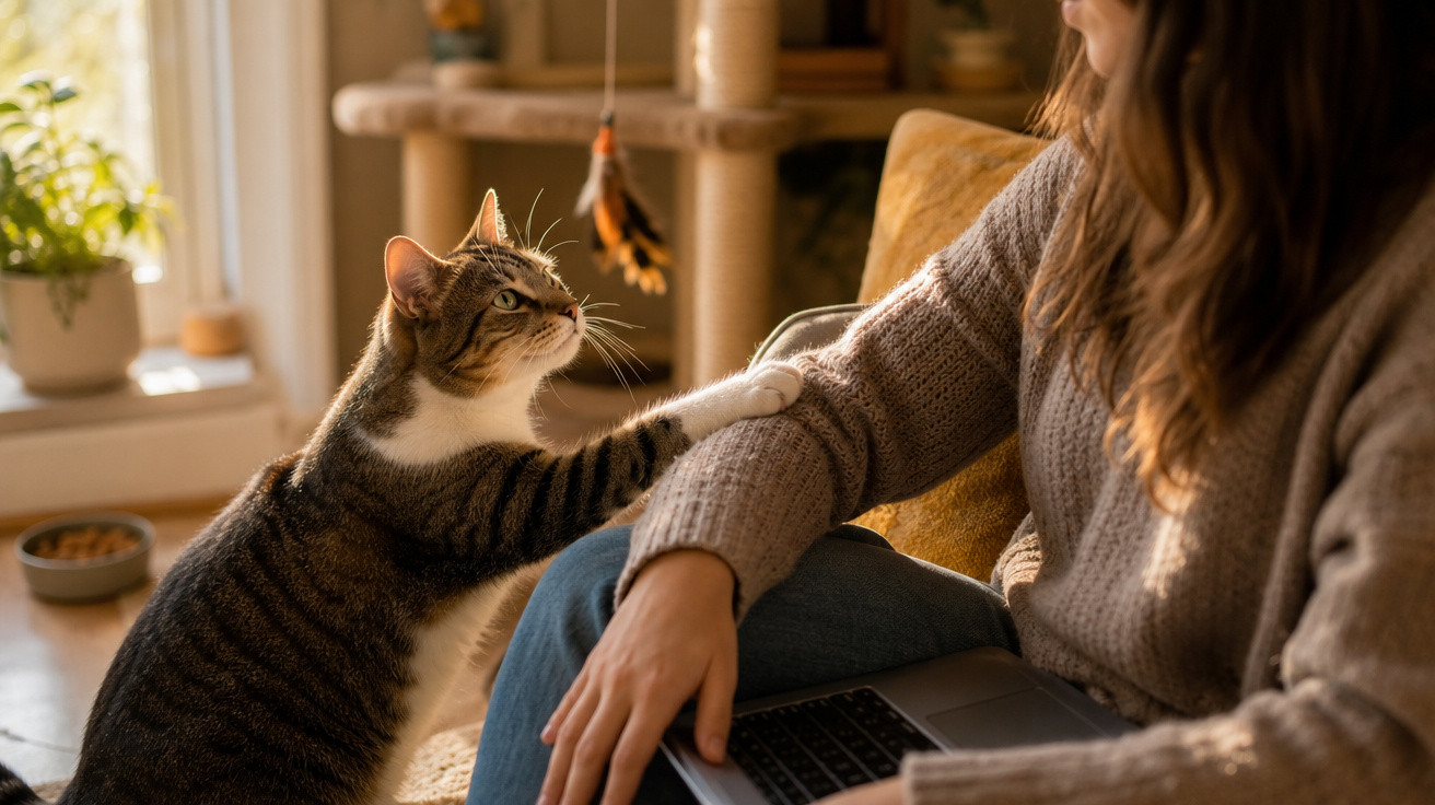Gato tigrado a tocar o braço de uma pessoa sentada no sofá com um portátil no colo, num ambiente acolhedor.