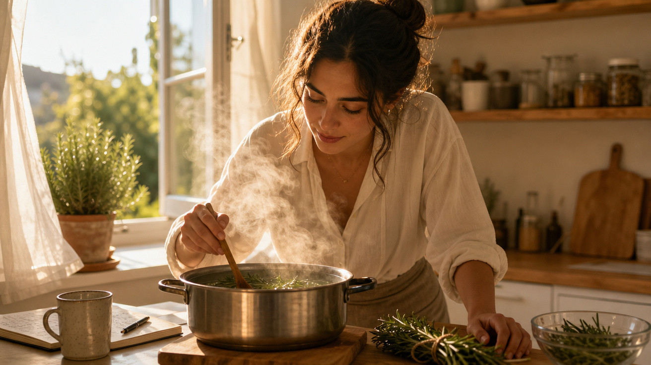 Mulher a cozinhar numa cozinha iluminada, mexendo uma panela com ervas frescas e vapor a subir.