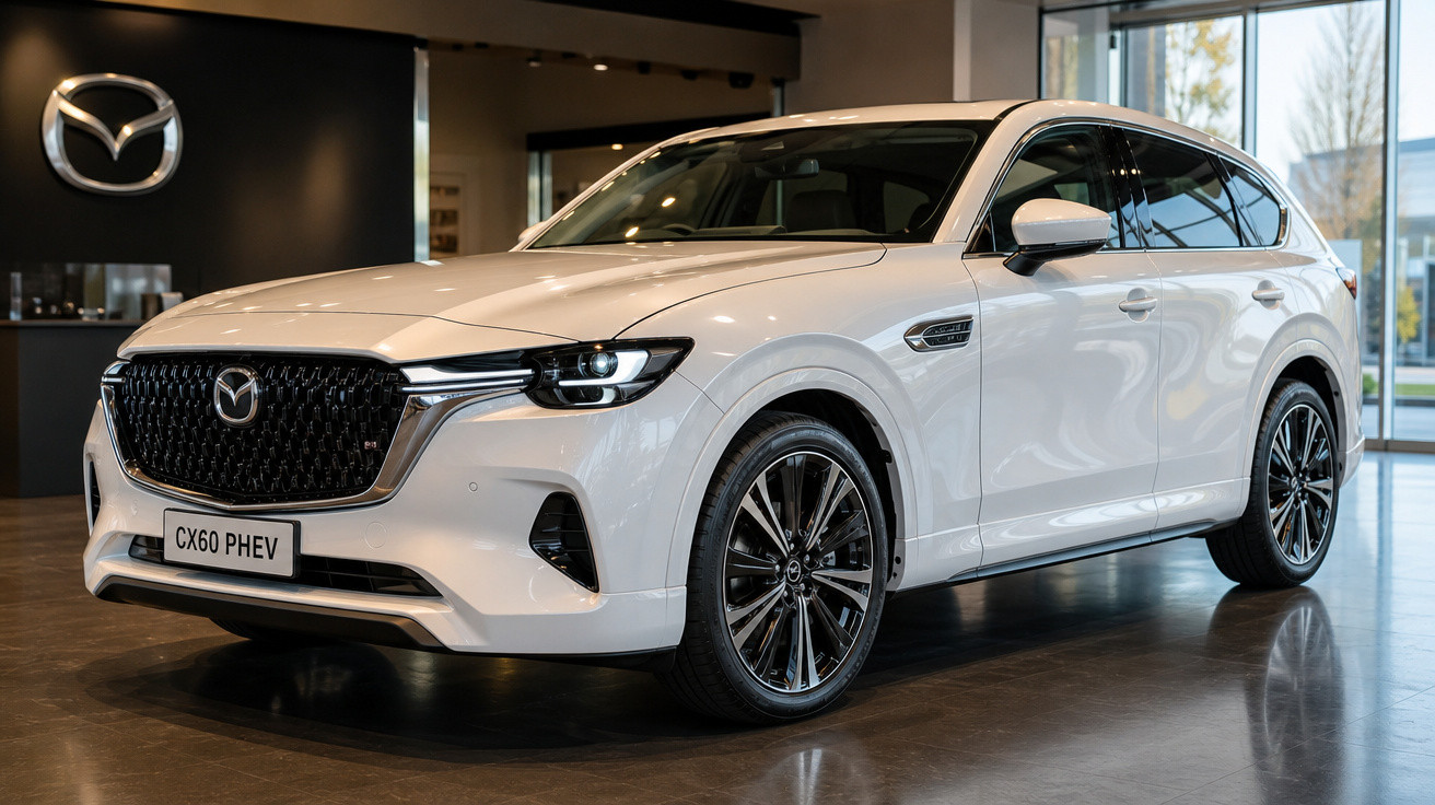 Automóvel Mazda CX60 PHEV branco numa showroom com logo Mazda ao fundo.
