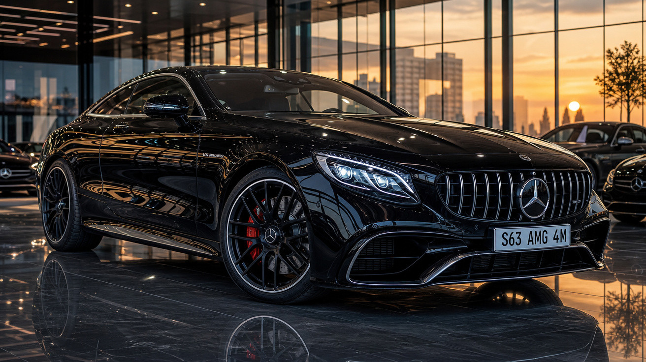 Carro desportivo Mercedes-Benz preto estacionado em salão com reflexos e pôr do sol ao fundo.