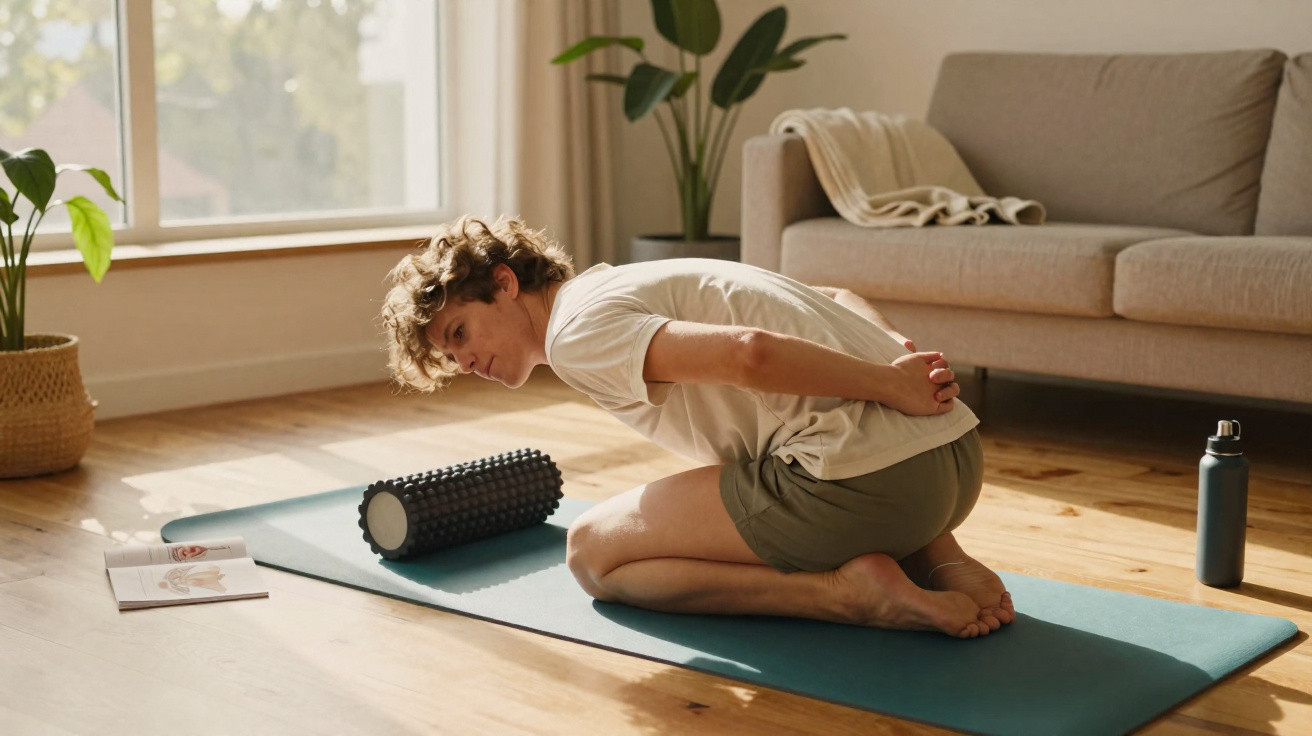 Homem faz exercício de alongamento em tapete de yoga junto a rolo de espuma, numa sala iluminada.