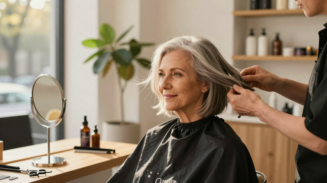 Mulher de cabelo grisalho sentada num salão de cabeleireiro a ser penteada por uma profissional.