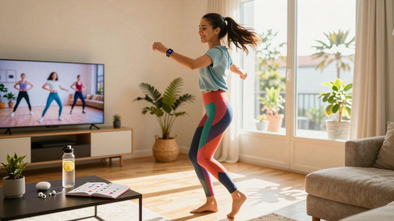 Mulher jovem a fazer exercício em casa, a seguir uma aula de fitness no televisor na sala iluminada.