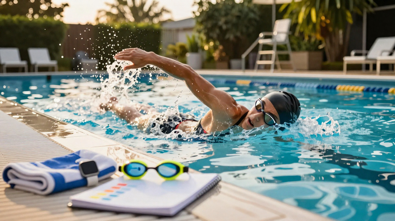 Pessoa a nadar estilo livre numa piscina exterior com óculos de natação e touca preta, junto a uma toalha e material de trein