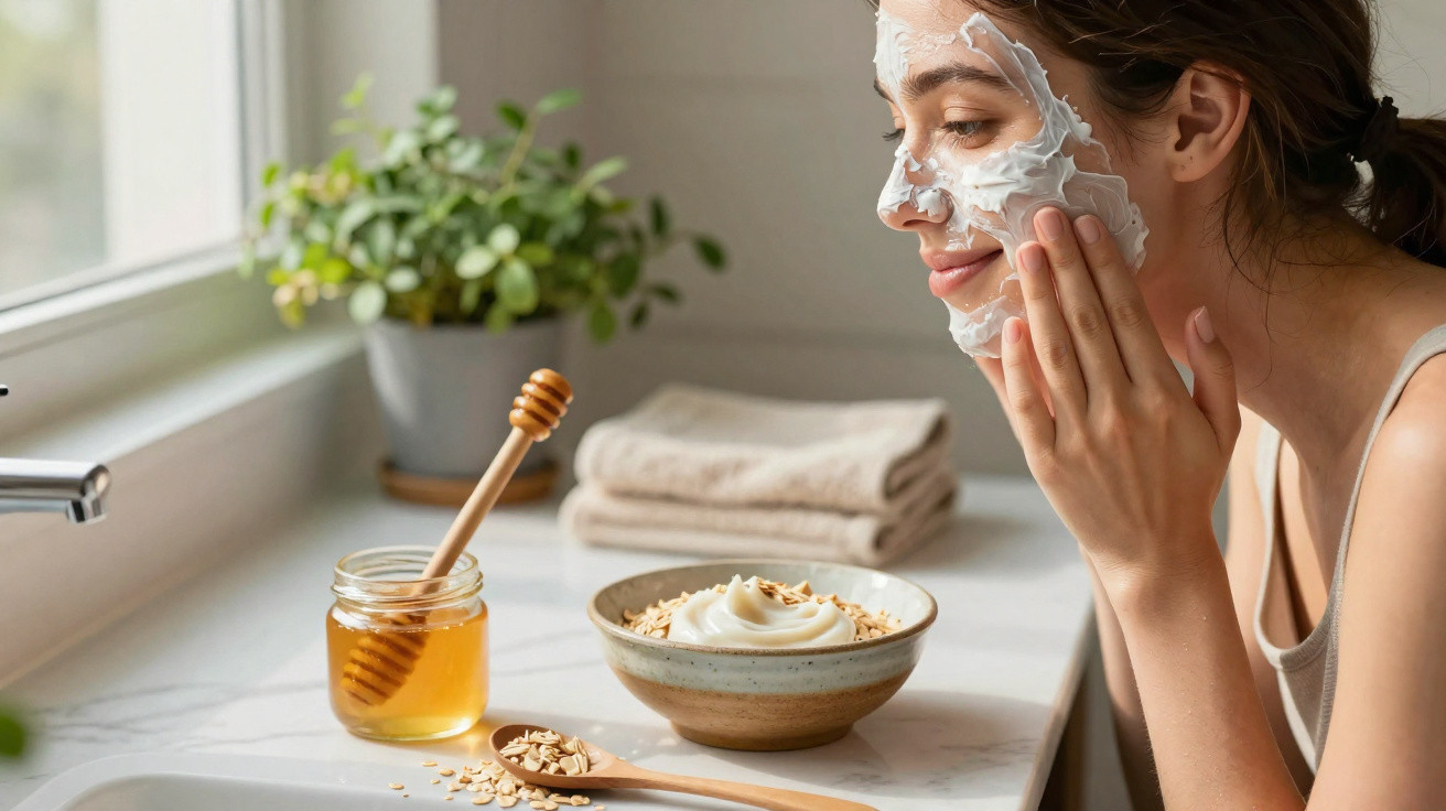 Mulher aplica máscara facial branca no rosto na cozinha junto a pote de mel e taça com aveia e iogurte.
