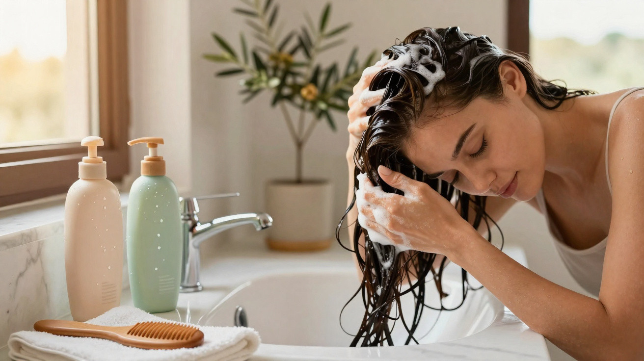 Mulher a lavar o cabelo com champô numa casa de banho moderna, junto a uma janela com plantas.