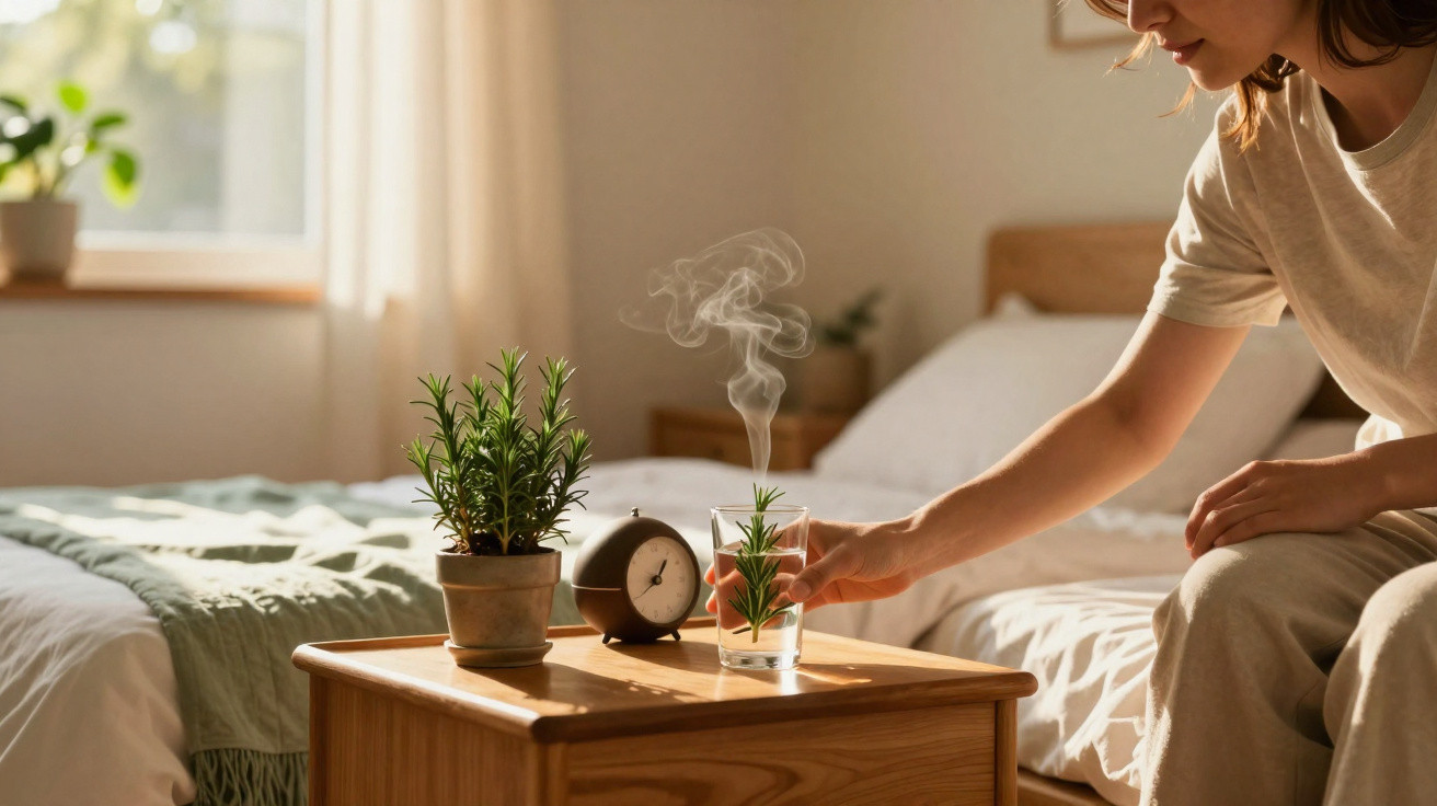 Pessoa a colocar ramo aromático fumegante num copo numa mesa de cabeceira junto a plantas e relógio analógico.