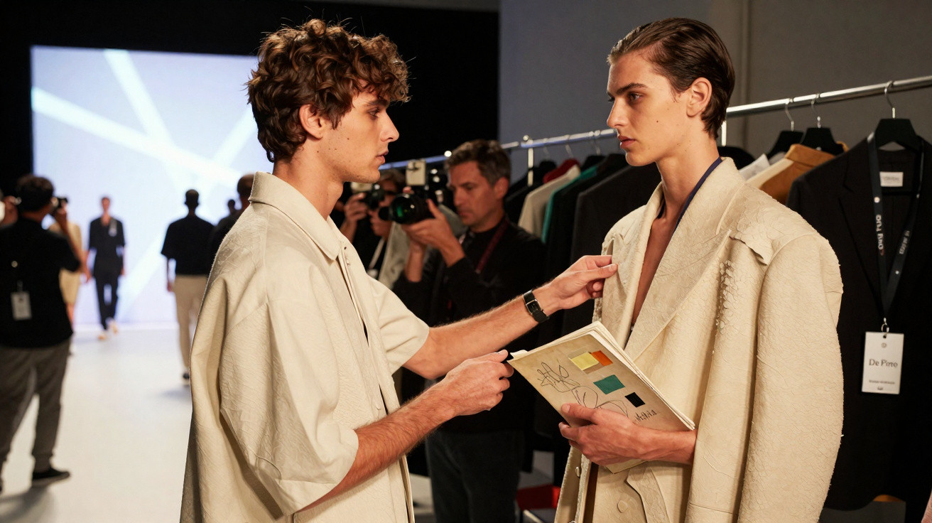 Dois homens jovens em bastidores de desfile de moda, um ajusta a roupa do outro segurando um caderno.