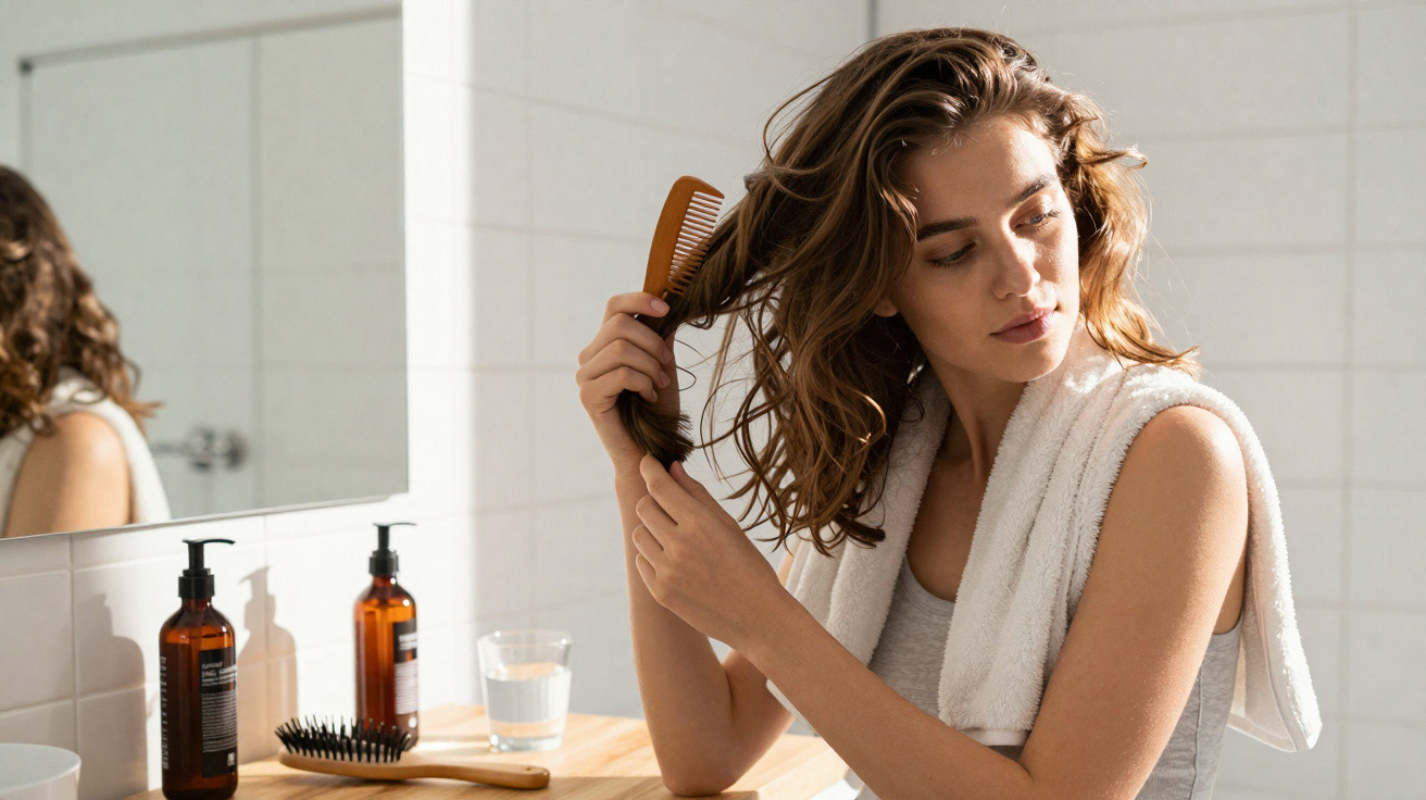 Mulher a pentear o cabelo húmido no banheiro, com toalha branca ao ombro e produtos na bancada.