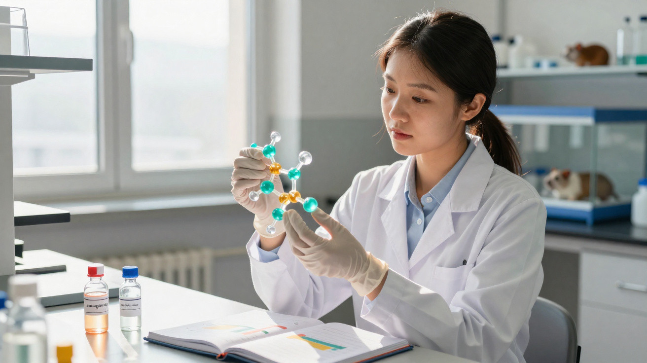 Cientista em laboratório examina modelo molecular enquanto usa bata branca e luvas.