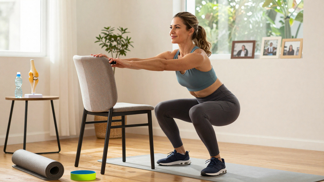 Mulher a fazer agachamentos segurando numa cadeira num ambiente interior com acessórios de exercício.