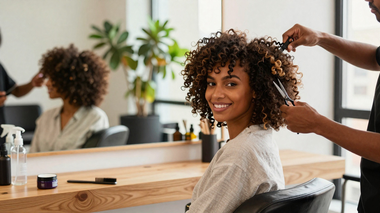 Mulher com cabelo encaracolado a sorrir enquanto cabeleireiro corta seu cabelo num salão moderno.