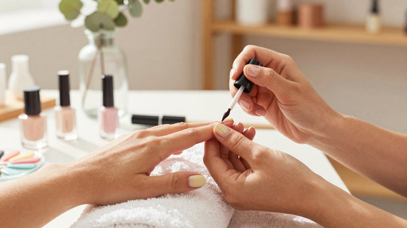 Pessoa a pintar as unhas de outra com verniz preto numa manicure feita em casa com vários vernizes ao fundo.