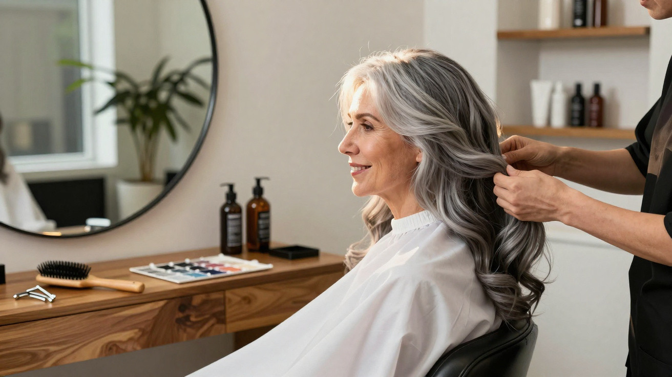 Mulher sénior a sorrir enquanto profissional arranja o cabelo num salão de beleza moderno.
