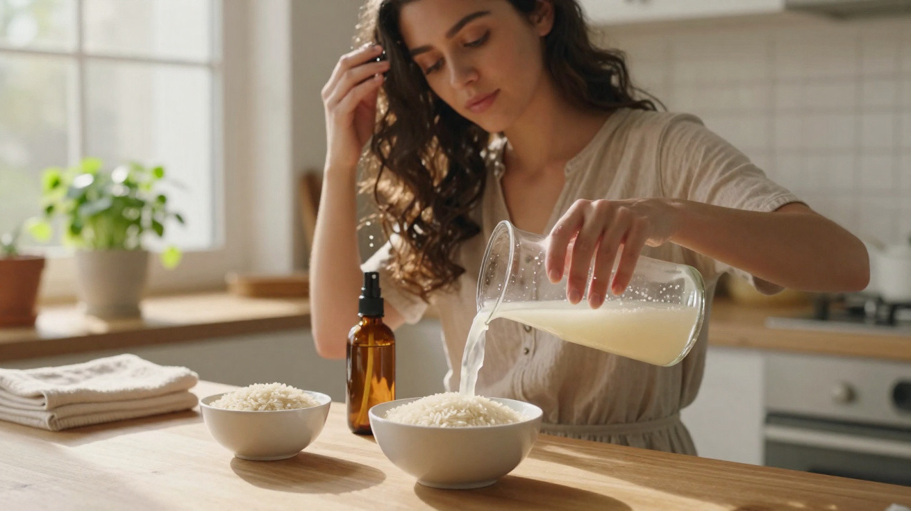 Mulher a despejar líquido num recipiente com arroz branco numa cozinha iluminada e moderna.