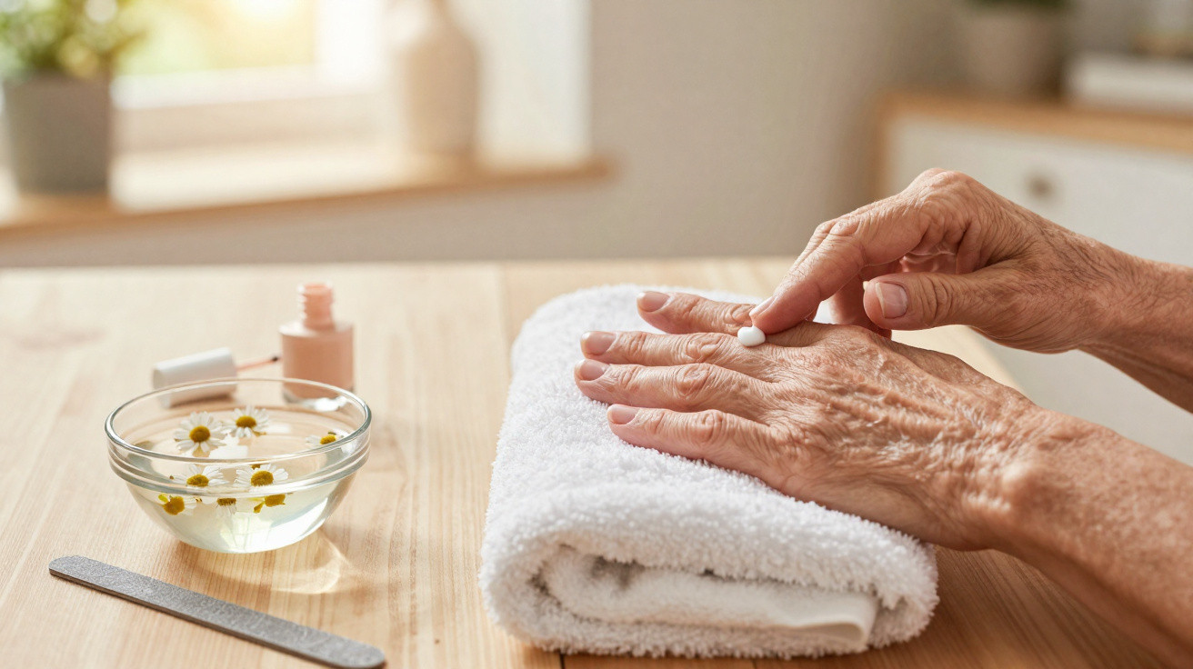 Mãos de idoso a aplicar creme hidratante com toalha branca, unhas pintadas e bol de flores na mesa de madeira.