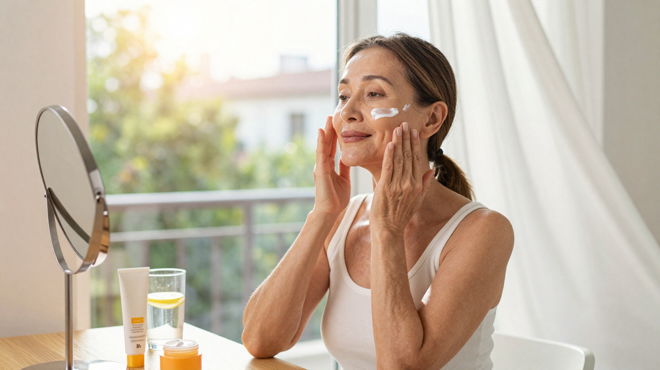 Mulher madura aplica creme hidratante no rosto sentada à mesa com espelho e produtos cosméticos à frente.