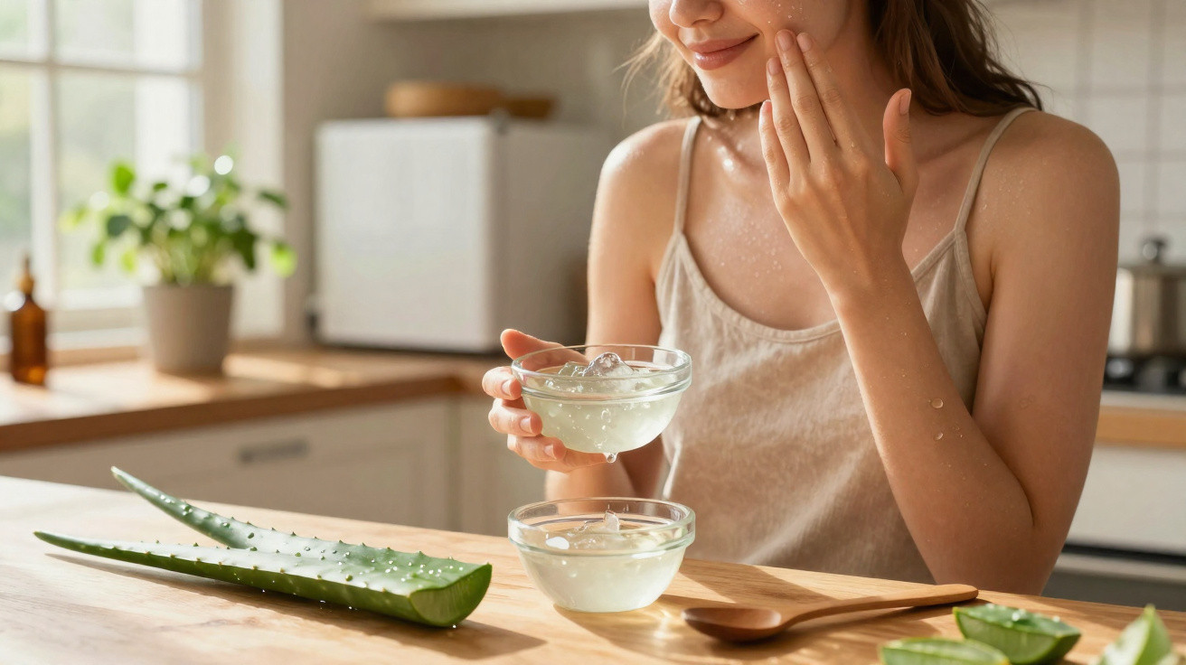 Mulher aplica gel de aloe vera no rosto numa cozinha iluminada e natural.
