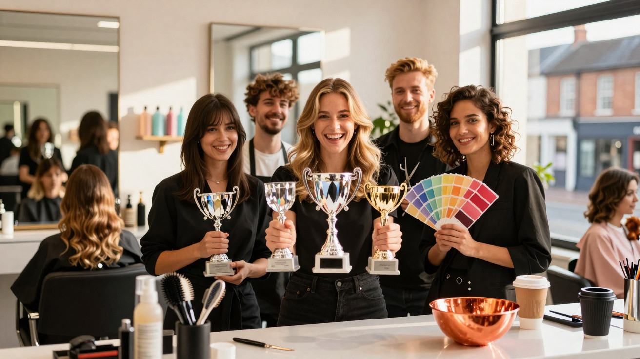 Grupo de cinco cabeleireiros sorridentes segurando troféus e amostras de cores num salão de beleza.