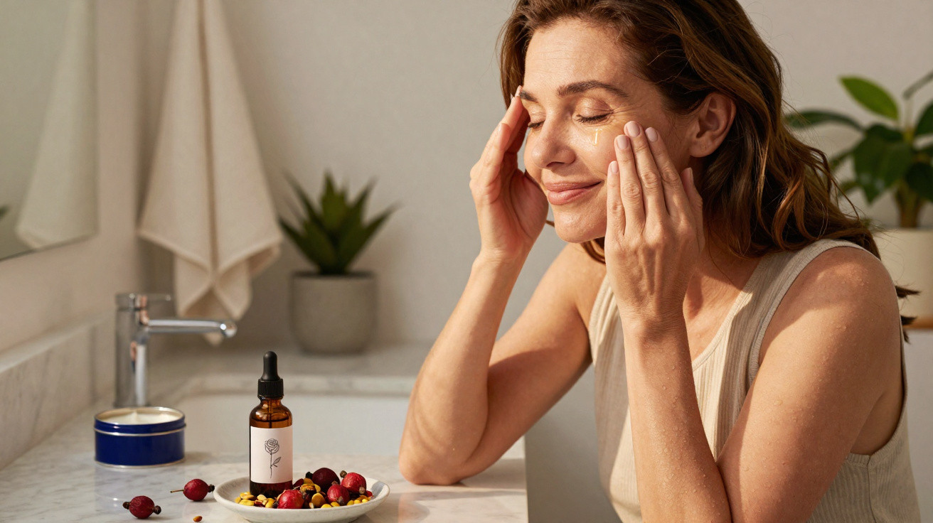 Mulher a aplicar creme facial com olhos fechados numa casa de banho iluminada por luz natural.