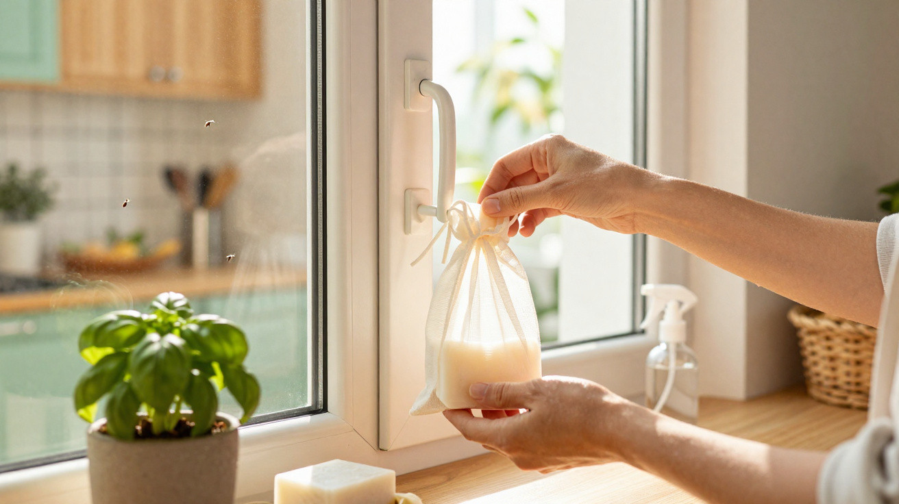 Mãos a colocar um sachê perfumado pendurado numa janela de cozinha, com planta e sabonete ao lado.