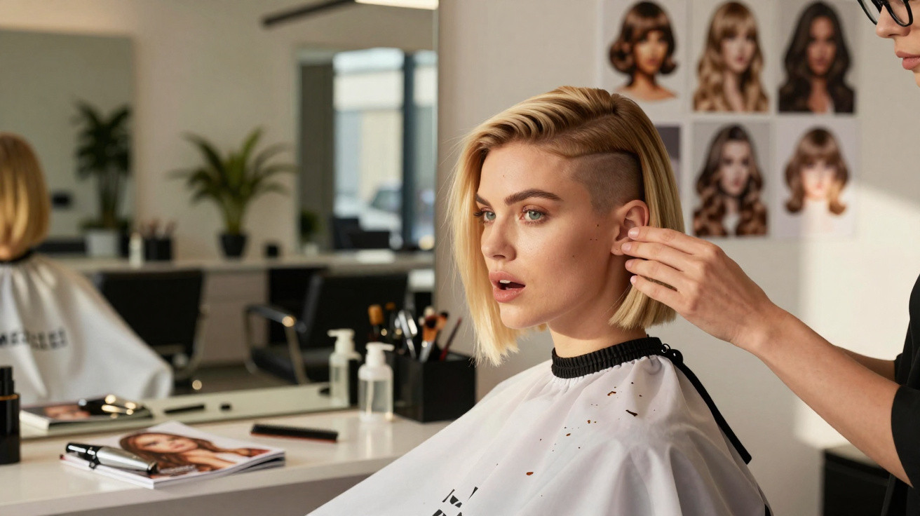 Mulher com corte de cabelo moderno e lateral raspada sentada num salão de cabeleireiro a ser atendida.