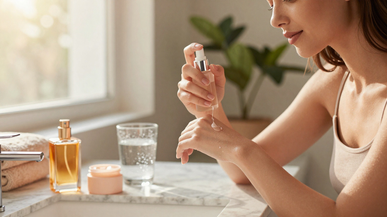 Mulher aplicando sérum no braço num lavatório com produtos de beleza e copo de água.
