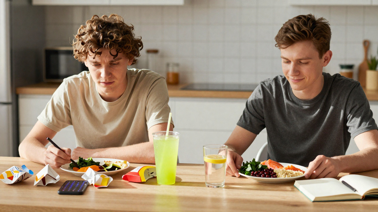 Dois jovens sentados a comer numa mesa de cozinha com comida saudável e bebidas à frente.